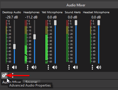 Where to find the Advanced Audio Properties in OBS Studio